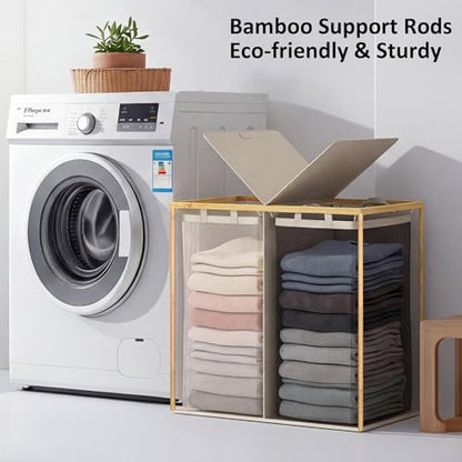 efluky Laundry Hamper with Lid, Double Laundry Basket with 2 Removable Bags, 2 Section Laundry Bin with Bamboo Handles for Bathroom, Bedroom & Laundry Room, 140L (36.9 Gallon) Beige - color: Beige, size: 140L Dual