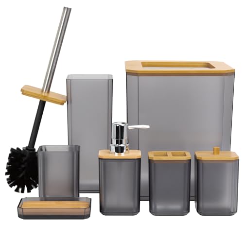 CERBIOR Bamboo Bathroom Accessories Set 7 Piece Bath Ensemble,Gray | Includes Soap Dispenser, Toothbrush Holder, Toothbrush Cup, Soap Dish for Decorative Countertop and Housewarming Gift - style: Matte Black