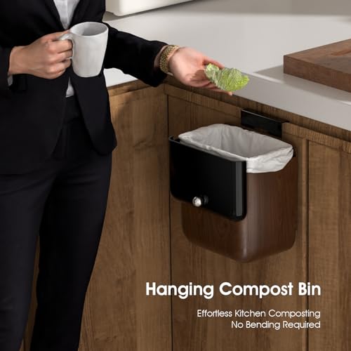 Large 3.2 Gallon Compost Bin, Under Sink Trash Can with Lid, Hanging Waste Cabinet for Office Kitchen Cupboard Bathroom Bedroom, Walnut Color - color: Walnut Color