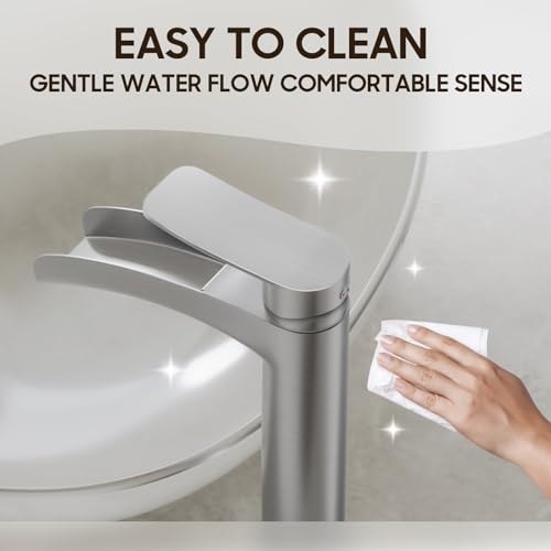 Phiestina Brushed Nickel Tall Bathroom Vessel Sink Faucet, Single Hole Single Handle Waterfall Modern Above Countertop Sink Bathroom Faucet, with Pop Up Drain and Water Supply Line, NS-SF01-BN-V - color: Brushed Nickel, style: 1 pack