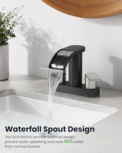 gotonovo 4’’ Centerset Bathroom Sink Faucet Waterfall Black&Brushed Nickel | SUS304 Bathroom Faucet,2.17’’ Wide Spout,24’’ cUPC Water Line,Pop up Drain,2 Handle,Basin,Vanity,RV,Lavatory 2 or 3 Hole Sink - color: Black&Nickel