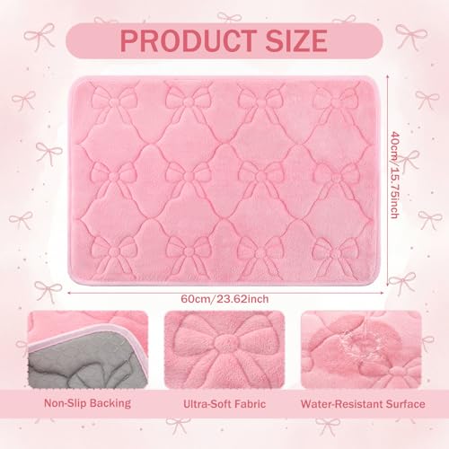 Tinideya Pink Bow Pink Memory Foam Bath Mat 24''x16'' Bow Bathroom Rug Cute Coquette Bathroom Decor Soft Absorbent Non Slip Aesthetic Bath Carpet for Bathtub Shower Floor Bedroom Living Room