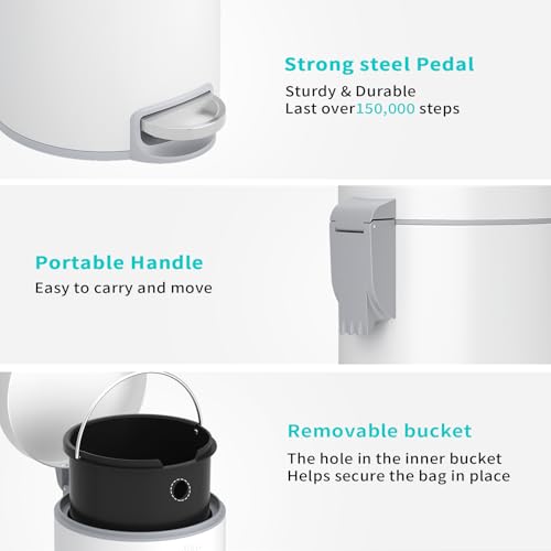 mVm Small Trash Can,1.3 Gallon/5 Lliter Step Bathroom Garbage Can with Lid and Foot Pedal,Soft-Close,Anti-Fingerprint.Round Stainless Steel Trash Can for Bathroom,Office,Living Room (Matte White) - color: White, size: 1.3Gal/5L