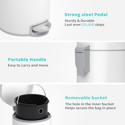 mVm Small Trash Can,1.3 Gallon/5 Lliter Step Bathroom Garbage Can with Lid and Foot Pedal,Soft-Close,Anti-Fingerprint.Round Stainless Steel Trash Can for Bathroom,Office,Living Room (Matte White) - color: White, size: 1.3Gal/5L