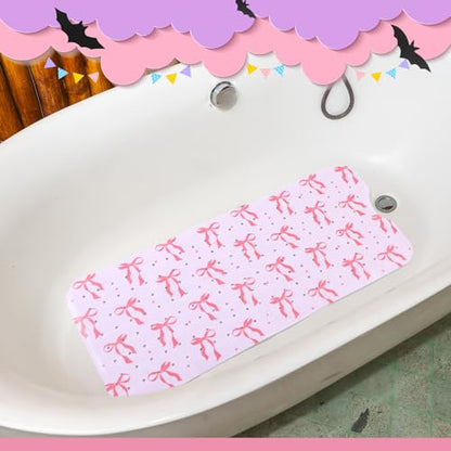 Mudder Pink Bow Bathtub Mat 40 x 16 Inch Cute Tub Mat Shower Non-Slip Extra Long Bathmat with Suction Cups & Drain Holes for Bathroom Tub Non Slip
