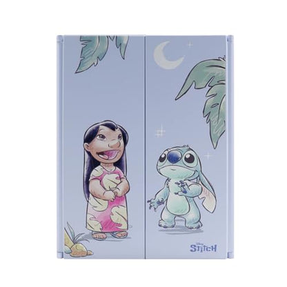 Impressions Vanity Stitch Wishes at Night Trifold Makeup Mirror with Flip Up Stand for Handsfree use, Lilo and Stitch Artwork Dual Magnified Travel Mirror with Panoramic View (Deep Blue)