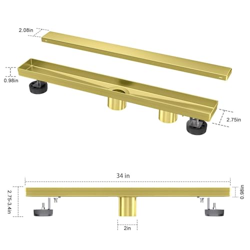 Brushed Gold 34-Inch Linear Shower Drain with Tile Insert Grate, Rectangle Floor Drain 304 Stainless Steel Including Hair Strainer - color: Gold, size: 34 IN