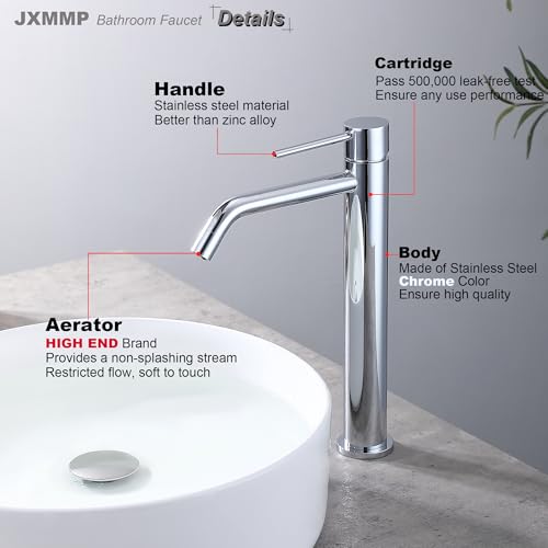 Chrome Tall Bathroom Faucet with Sink Drain and Supply Lines, JXMMP Single Handle Vessel Sink Faucet Chrome Single Hole, Stainless Steel Vessel Faucet JXM1001CP - color: Chrome, size: Tall Faucet