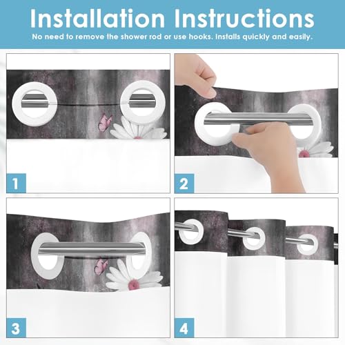 No Hook Shower Curtain with Snap in Liner 71x74 Inch Daisy Grey | Farmhouse Pink Butterfly Modern Double Layers Waterproof Fabric with See Through Top Window Open Grommet Bath Curtain - color: Grey, size: 71"W x 74"L (Pack of 1)