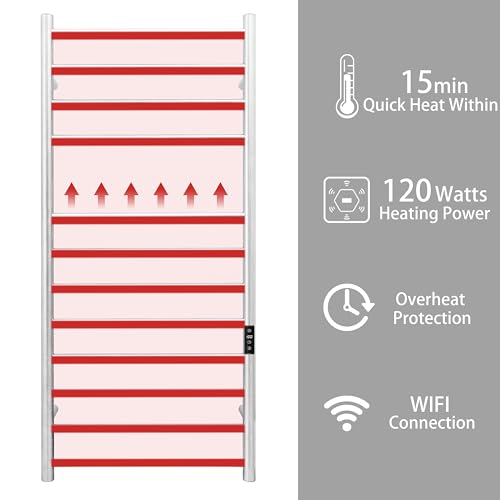 Smart WiFi Towel Warmer Wall Mounted with Built-in Timer and Temperature Adjust Control, 12 Bars Electric Stainless Steel Heated Towel Racks for Bathroom Brushed Nickel