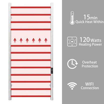 Smart WiFi Towel Warmer Wall Mounted with Built-in Timer and Temperature Adjust Control, 12 Bars Electric Stainless Steel Heated Towel Racks for Bathroom Brushed Nickel