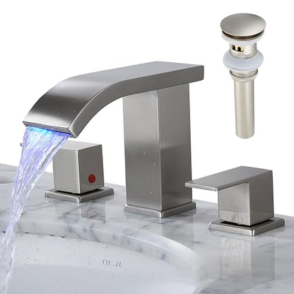 Bathroom faucets 3 Hole Widespread Brushed Nickel Bathroom Sink Faucet 8 inch LED Light Modern 3 Hole Vanity Faucet Bathroom with Pop Up Drain (Brushed Nickel) - color: Brushed Nickel