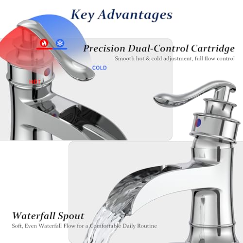 BWE Brass Chrome Waterfall Bathroom Faucet for Modern Powder Room | Wide Waterfall Spout, Ceramic Cartridge, Fits 1 or 3-Hole Sink, Single Handle, Hardware Kit Included, Not for Vessel Sink - color: Chrome
