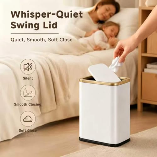 2.1 Gal Slim Bathroom Trash Can with Swing Lid, Rustproof Stainless Steel Small Garbage Can for Narrow Spaces & Toilet Side, Dog Proof Odor Control Waste Basket for Bedroom/Office, White - color: White