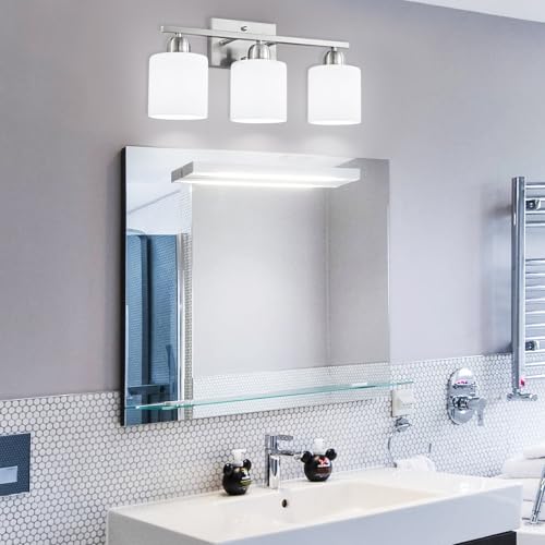 Brushed Nickel Bathroom Light Fixture, Anti-Rust Finish 3 Light Vanity Lights for Bathroom, Bath Lights with Milky White Frosted Glass Shades, E26 Socket - color: Nickel & Milky White Glass, size: 3-Light