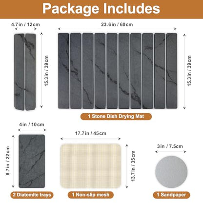 3 Large Stone Drying Mat for Kitchen Counter Black Quick Dry Stone Dish Mat | Diatomaceous Earth Dish Drying Pad for Kitchen Sink Foldable Diatomite Absorbent Tray Countertop Dishes Drainer Mats - color: Gray Marble