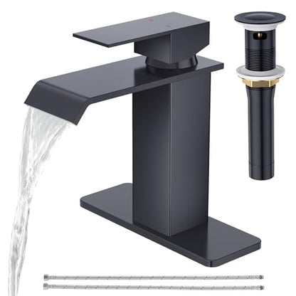 CREA Black Waterfall Bathroom Faucet 1 Hole,Matte Black Bathroom Faucet Single Handle Bathroom Sink Faucet with Pop Up Drain Stopper/ 3 Hole Plate,Stainless Steel RV Vanity Faucet Basin Mixer Tap - color: Black, style: Wide Spout