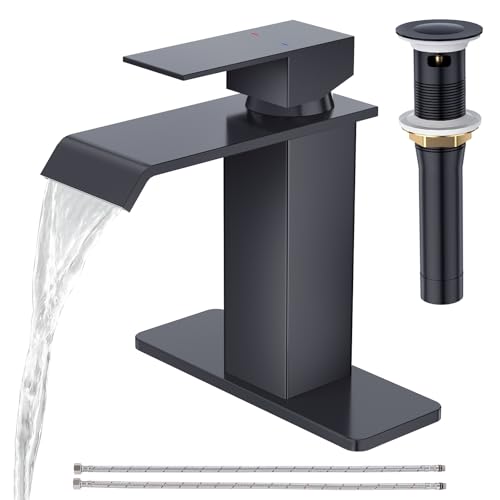 CREA Black Waterfall Bathroom Faucet 1 Hole,Matte Black Bathroom Faucet Single Handle Bathroom Sink Faucet with Pop Up Drain Stopper/ 3 Hole Plate,Stainless Steel RV Vanity Faucet Basin Mixer Tap - color: Black, style: Wide Spout