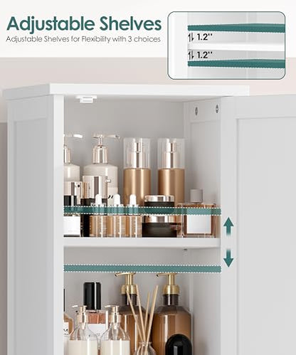 Tall Narrow Bathroom Storage Cabinet, 3-Tier Slim Storage Cabinet | Linen Cabinet with Adjustable Shelves and 3 Doors, for Bathrooms, Living Room, Laundry Room, Kitchen, White