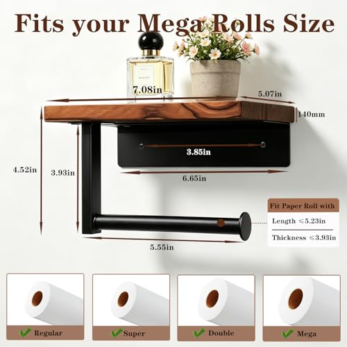 Toilet Paper Holder with Shelf, Thicken Metal Wall Mounted Toilet Roll Holders for Bathroom Washroom, Modern Toilet Tissue Holder Rustproof Paper Towel Storage Bathroom Decor (Black)