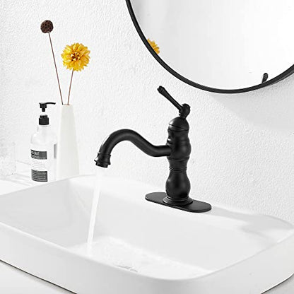 Matte Black Bathroom Faucet GGStudy 360° Swivel Bathroom Vanity Faucet Single Handle One Hole Black Bathroom Sink Faucet Basin Matching Pop Up Drain with Overflow - color: Black, size: Short