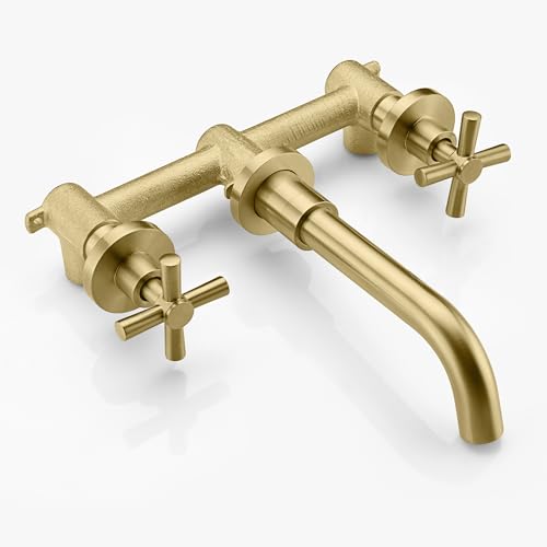 SUMERAIN Brushed Gold Wall Mount Bathroom Faucet | Two Cross Handles, Rough-in Valve Included, Swivel Spout - color: Brushed Gold