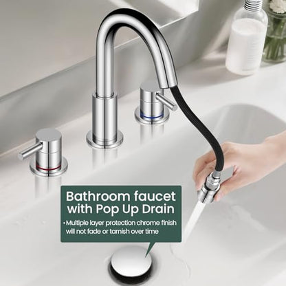 8 Inch Pull Down Bathroom Faucet 3 Hole,Chrome Bathroom Sink Faucet | Stainless Steel,Pull Down Sprayer,Chrome,3 hole Widespread,with Pop-up Drain,Water Supply Hoses,Two Water Flow Modes - color: A-Chrome