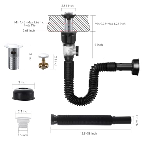 Flexible Sink Drain Pipe Kits,Adjustable Bathroom Sink P Trap with Overflow Fits 1-1/4",1-1/2"and 2" Drain Hole,Chrome - color: Chrome, style: With Overflow