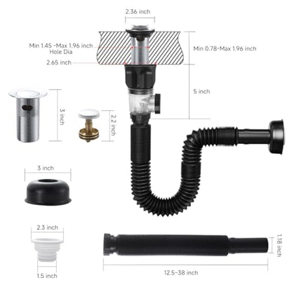 Flexible Sink Drain Pipe Kits,Adjustable Bathroom Sink P Trap with Overflow Fits 1-1/4",1-1/2"and 2" Drain Hole,Chrome - color: Chrome, style: With Overflow