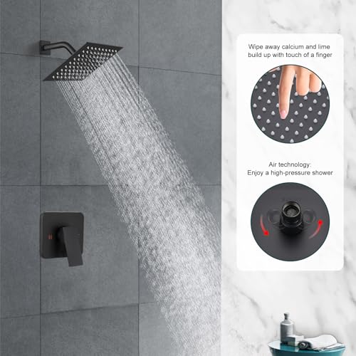 Heyalan 8 Inch Square Rain Shower Faucet Set with Valve, Matte Black | Female-thread 1/2-inch NPT connections, SUS304 shower head, brass rough-in valve, single-handle control Shower Set - color: Black, size: 8 Inch Square Shower Head