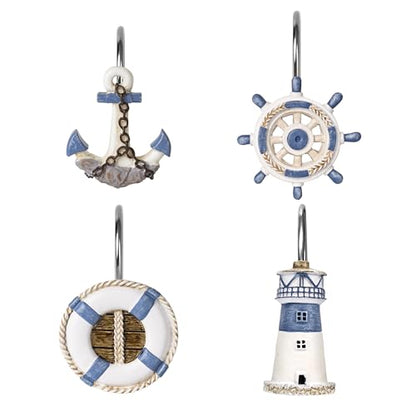 Sunlit Nautical Shower Curtain Hooks, Home Decorative Coastal Shower Curtain Rings for Bathroom, Resin, Ocean Shower Curtain Hanger Hooks for Living Room, Set of 12, Blue Nautical Set - size: Nautical Set