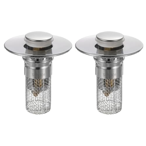 uxcell 2 Pcs Bathroom Sink Stopper Push Type Sink Drain Strainer with Stainless Steel Filter Basket Hair Catcher Fit for 1.1"-1.3" Dia 2.6" Depth Sink Drain Hole, Silver
