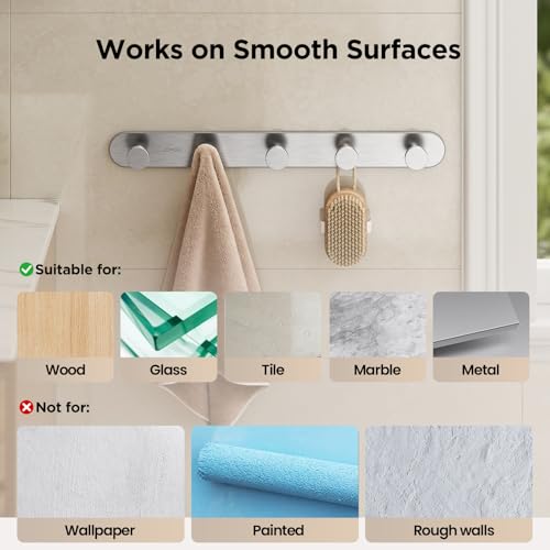 JOMOO Robe Hook, 2 Pack Adhesive Wall Hooks for Bathroom, Stainless Steel Towel Hooks with 5 Hooks Each, No Drill Shower Hooks Heavy Duty 11LBS, Brushed - color: Brushed