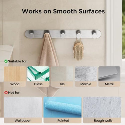 JOMOO Robe Hook, 2 Pack Adhesive Wall Hooks for Bathroom, Stainless Steel Towel Hooks with 5 Hooks Each, No Drill Shower Hooks Heavy Duty 11LBS, Brushed - color: Brushed