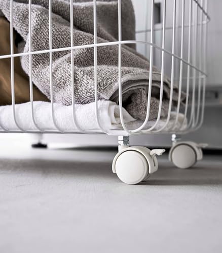 Yamazaki Home Rolling Laundry Basket, Short, Wheeled Hamper, Steel, White | Small metal laundry hamper cart features smooth-rolling wheels and a convenient built-in handle. Suits modern home storage. - color: White