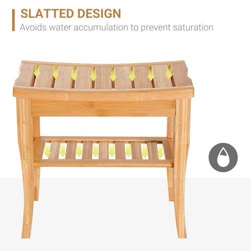 Long Bamboo Shower Bench Seat, 20" Wooden Shower Stool with Underneath Storage Shelf Shoe Organizer