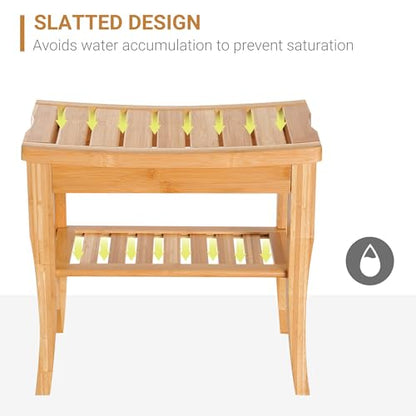 Long Bamboo Shower Bench Seat, 20" Wooden Shower Stool with Underneath Storage Shelf Shoe Organizer