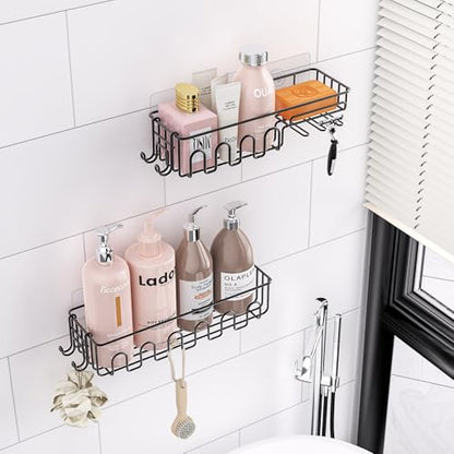 4-Pack Adhesive Shower Caddy, Wall Mounted Bathroom Shelf, Black | 2 Open Grid Baskets, Drill-Free Adhesive, 2 Detachable Hooks, Rustproof Metal, Ideal Bathroom Kitchen Shelf, Holds 25Lbs - color: Black