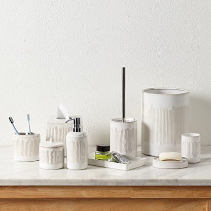 Bathroom Accessories Set, 5-Piece Ceramic Bath Accessory Complete Set with Lotion Dispenser/Soap Pump, Cotton Jar, Soap Dish, Tumbler and Toothbrush Holder (Ivory White)