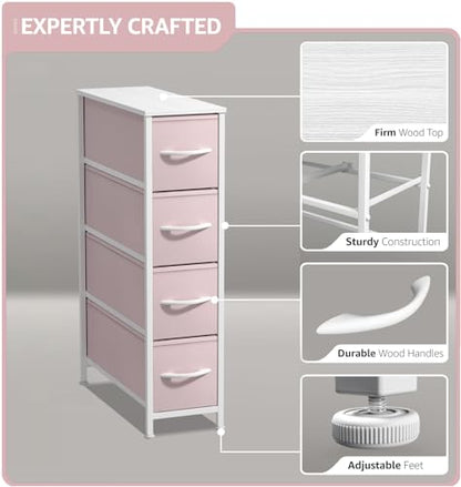 Sorbus Kids Narrow Dresser with 4 Drawers - Vertical Slim Storage Chest of Drawers with Steel Frame, Wood Top & Easy Pull Fabric Bins for Small Spaces, Closets, Bedroom, Bathroom & Laundry - color: Pink, style: 4 Drawer