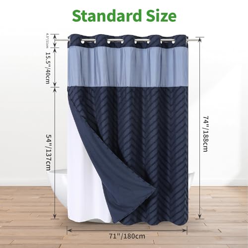 eachope No Hook Tufted Chevron Striped Shower Curtain with Snap-in Fabric Liner set-71Wx74H(72H),Navy Blue Hotel Grade Boho Style Shower Curtain with See Through Top Window,Water Repellent - color: Navy Blue, size: 71"W x 74"L (Pack of 1)