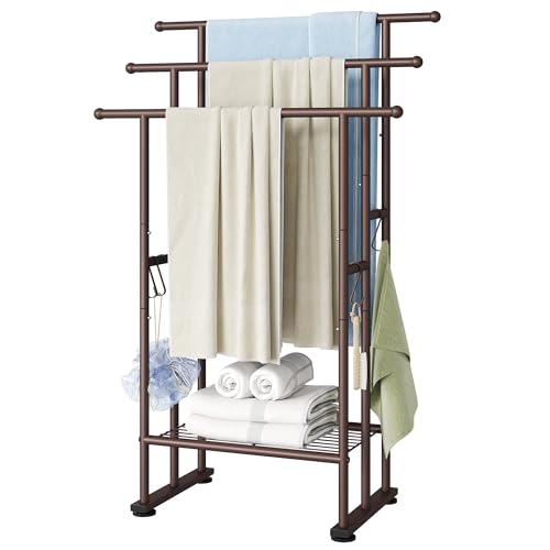 ELYKEN 3 Tier Freestanding Towel Rack with Shelf, 40" H Towel Stand, Bronze | Metal Drying Rack for Oversized Bath Towels & Blankets, 4 Hooks, Indoor & Outdoor Use, Fits Bathroom, Tub, Shower, Poolside - color: Bronze