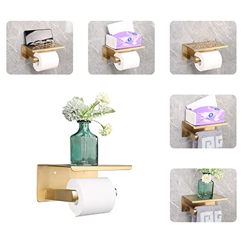 NearMoon Toilet Paper Holder with Shelf, Heavy Duty Bath Toilet Roll Holder with Phone Shelf Tissue Hanger for Bathroom/Kitchen No Drill or Wall Mounted(304 Stainless Steel, Brushed Gold) - color: Brushed Gold