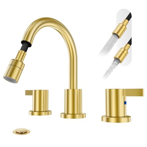 Pull Down Sprayer Brushed Gold 8 Inch Bathroom Sink Faucet, 2 Handles 3 Hole Widespread Pull Out Bathroom Faucet，with Pop Up Drain and Water Supply Line,BF04022-K01-BG - color: Brushed Gold