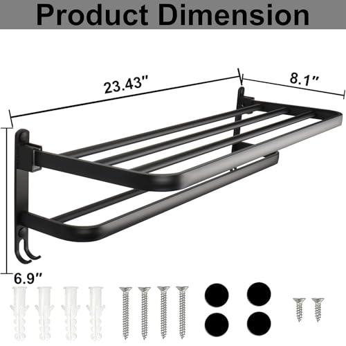 TocTen Towel Rack for Bathroom, Foldable Towel Holder with Double Towel Bars, Wall Mounted Premium Aluminum Bathroom Tower Shelf, Space-Saving Towel Hanger for Bathroom, Lavatory (Black,24 in) - color: Black
