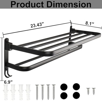 TocTen Towel Rack for Bathroom, Foldable Towel Holder with Double Towel Bars, Wall Mounted Premium Aluminum Bathroom Tower Shelf, Space-Saving Towel Hanger for Bathroom, Lavatory (Black,24 in) - color: Black