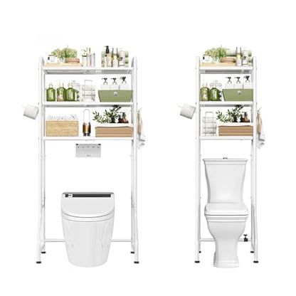 Simple Trending Expandable Over The Toilet Storage Rack, Metal 3 Tier Bathroom Organizer Shelf with Paper Holder and 3 Hooks, White - color: White