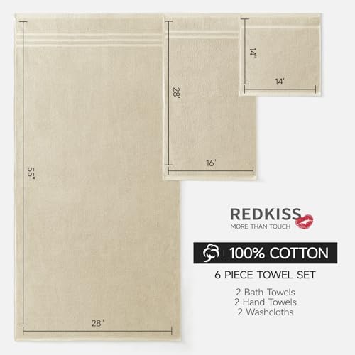 REDKISS Beige Towels Set 6 Piece Cotton Towel Sets with 2 Bath Towels, 2 Hand, 2 Washcloths, 650GSM Hotel Quality, Soft, Highly Absorbent Towels for Bathroom Gym, Ideal Everyday Use - color: Beige