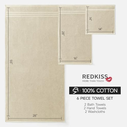 REDKISS Beige Towels Set 6 Piece Cotton Towel Sets with 2 Bath Towels, 2 Hand, 2 Washcloths, 650GSM Hotel Quality, Soft, Highly Absorbent Towels for Bathroom Gym, Ideal Everyday Use - color: Beige
