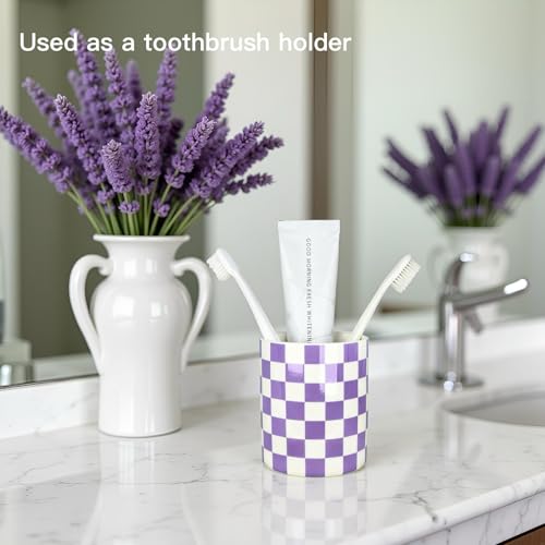 Tooth Brush Holder for Bathroom, Countertop Toothbrush Holders for Bathrooms, Modern Cute Lavender Purple and White Bath Room Cups, Ceramic Toothbrush and Toothpaste Dispenser - color: Lavender Purple
